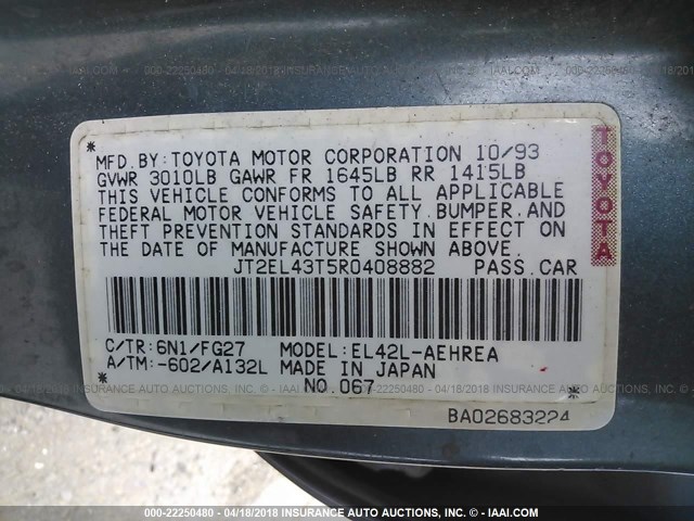 JT2EL43T5R0408882 - 1994 TOYOTA TERCEL DX BLUE photo 9