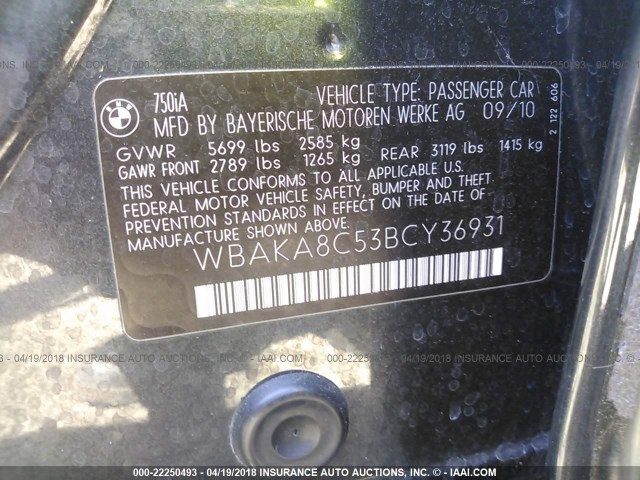 WBAKA8C53BCY36931 - 2011 BMW 750 I BLUE photo 9