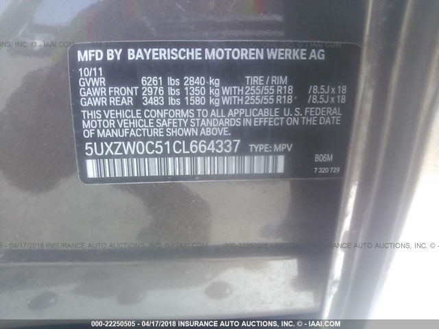 5UXZW0C51CL664337 - 2012 BMW X5 XDRIVE35D BLACK photo 9