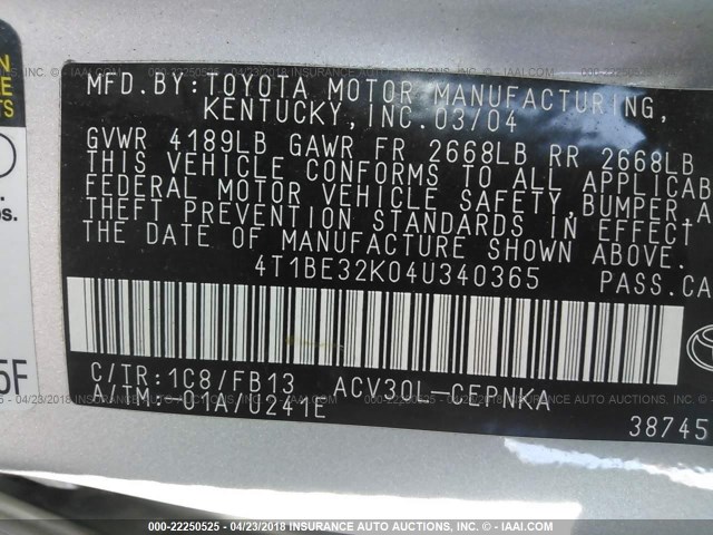 4T1BE32K04U340365 - 2004 TOYOTA CAMRY LE/XLE/SE ვერცხლისფერი ფოტო 9