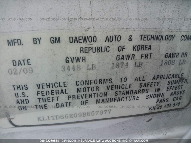 KL1TD66E09B657977 - 2009 CHEVROLET AVEO LS/LT 白色 照片 9