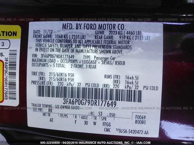 3FA6P0G79DR177649 - 2013 FORD FUSION S MAROON photo 9