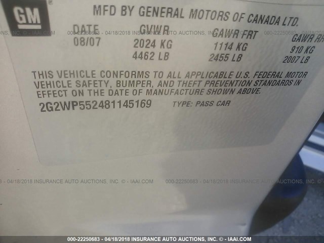 2G2WP552481145169 - 2008 PONTIAC GRAND PRIX SILVER photo 9