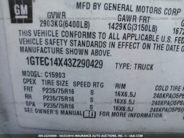 1GTEC14X43Z290429 - 2003 GMC NEW SIERRA C1500 WHITE photo 9