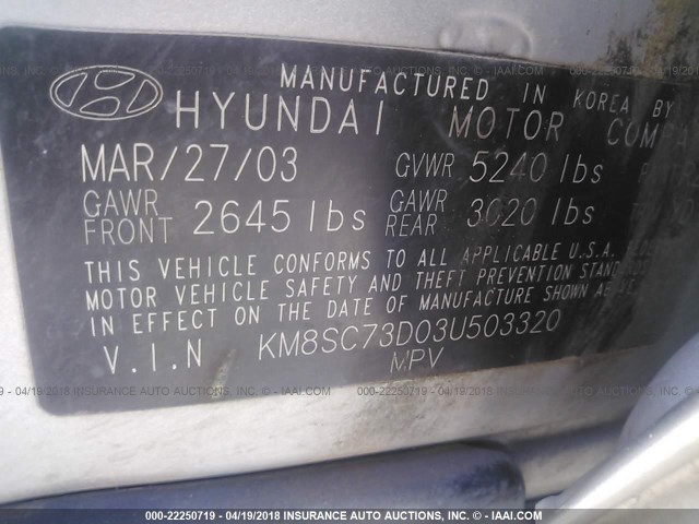 KM8SC73D03U503320 - 2003 HYUNDAI SANTA FE GLS/LX SILVER photo 9