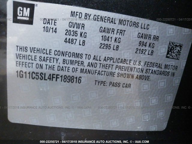 1G11C5SL4FF189816 - 2015 CHEVROLET MALIBU 1LT BLACK photo 9