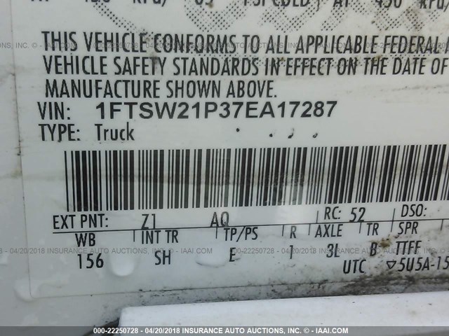 1FTSW21P37EA17287 - 2007 FORD F250 SUPER DUTY WHITE photo 9