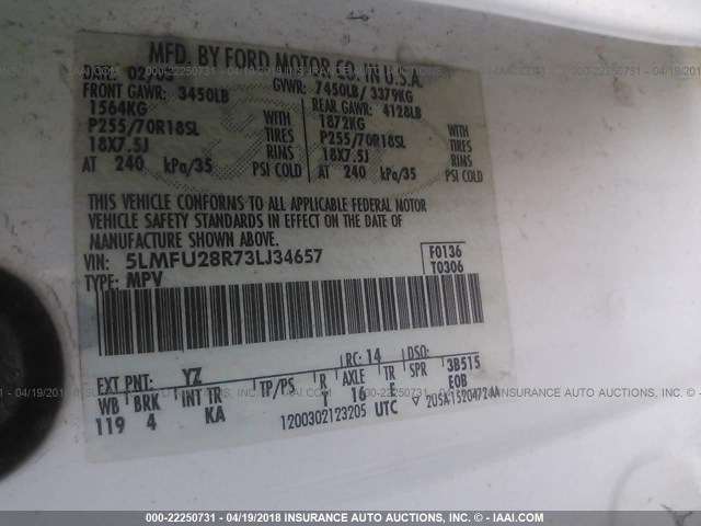 5LMFU28R73LJ34657 - 2003 LINCOLN NAVIGATOR თეთრი ფოტო 9