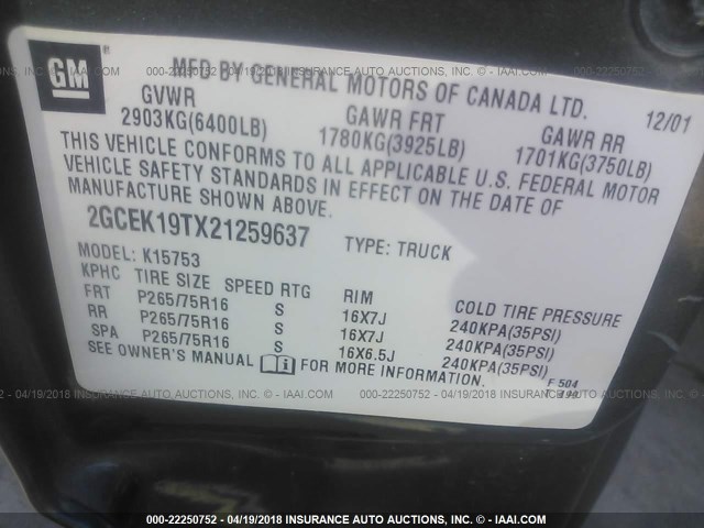 2GCEK19TX21259637 - 2002 CHEVROLET SILVERADO K1500 GRAY photo 9