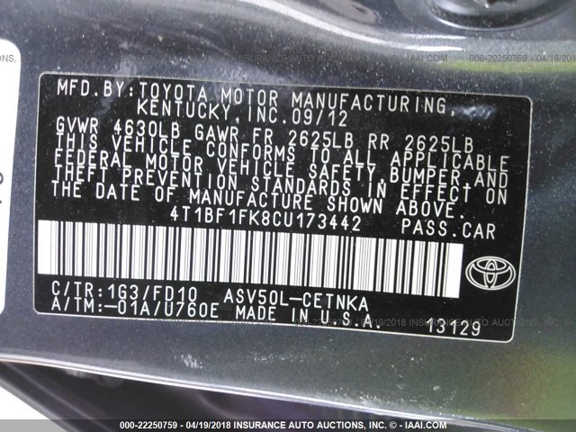 4T1BF1FK8CU173442 - 2012 TOYOTA CAMRY SE/LE/XLE 灰色 照片 9