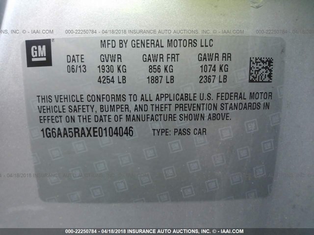 1G6AA5RAXE0104046 - 2014 CADILLAC ATS SILVER photo 9