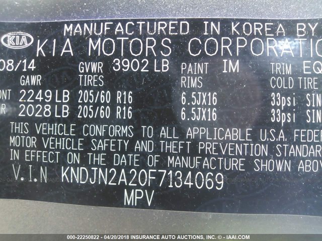 KNDJN2A20F7134069 - 2015 KIA SOUL GRAY photo 9