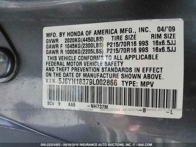 5J6YH18379L002866 - 2009 HONDA ELEMENT LX GRAY photo 9