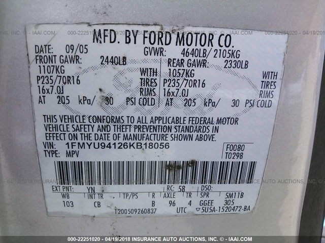 1FMYU94126KB18056 - 2006 FORD ESCAPE LIMITED SILVER photo 9