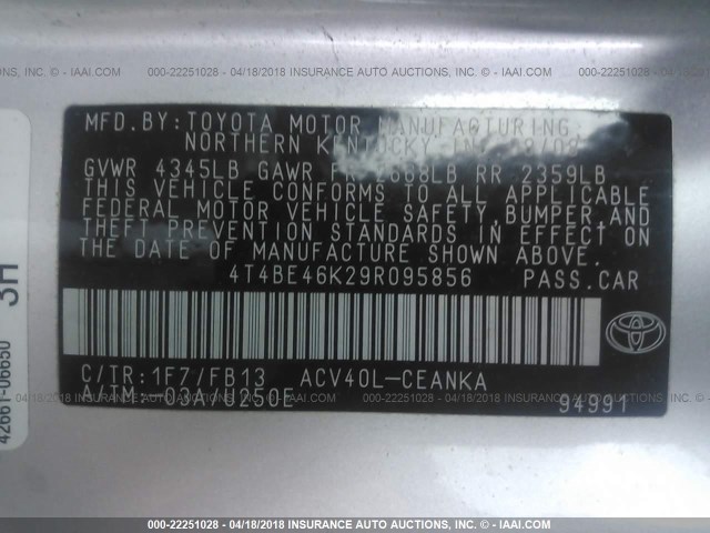 4T4BE46K29R095856 - 2009 TOYOTA CAMRY SE/LE/XLE SILVER photo 9