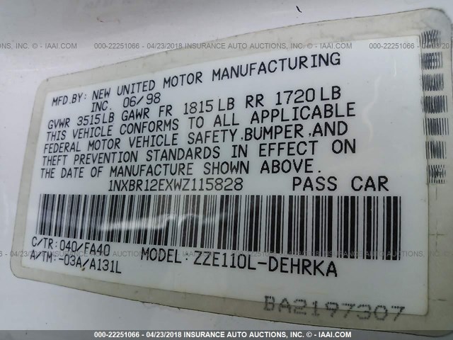 1NXBR12EXWZ115828 - 1998 TOYOTA COROLLA VE/CE/LE 白色 照片 9