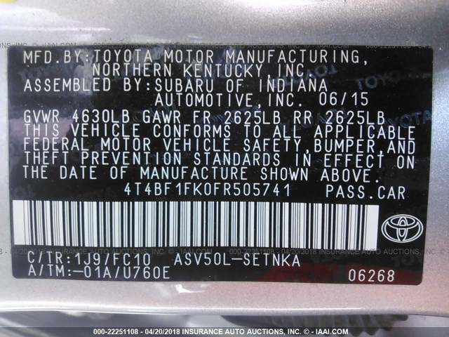 4T4BF1FK0FR505741 - 2015 TOYOTA CAMRY LE/XLE/SE/XSE ვერცხლისფერი ფოტო 9