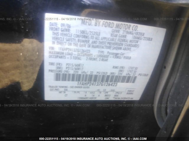 1FAHP24137G126423 - 2007 FORD FIVE HUNDRED SEL BLACK photo 9