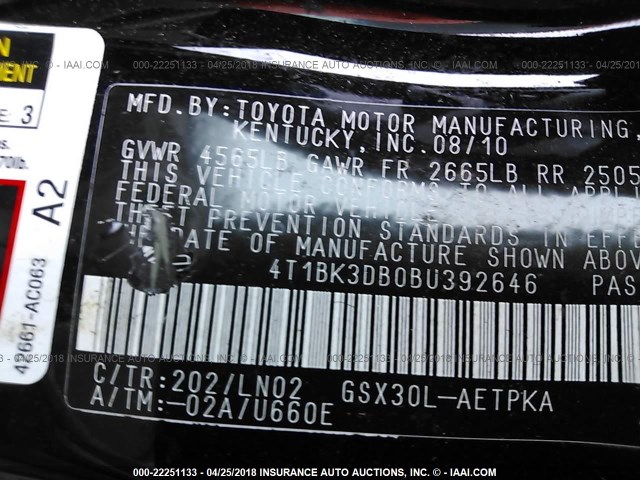 4T1BK3DB0BU392646 - 2011 TOYOTA AVALON LIMITED BLACK photo 9