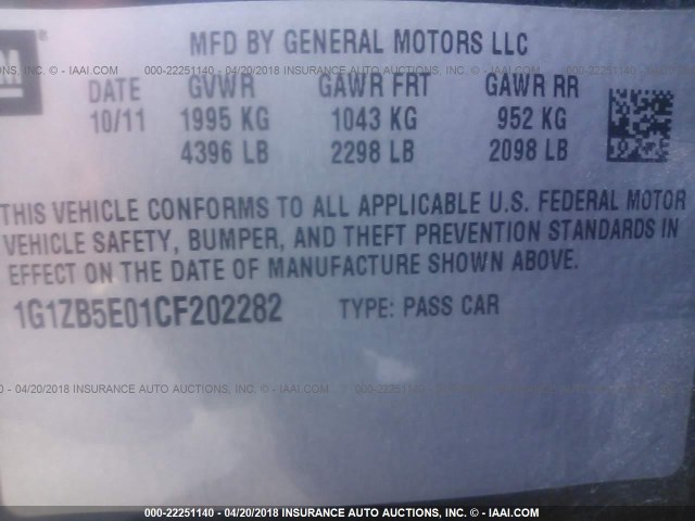 1G1ZB5E01CF202282 - 2012 CHEVROLET MALIBU LS BLACK photo 9