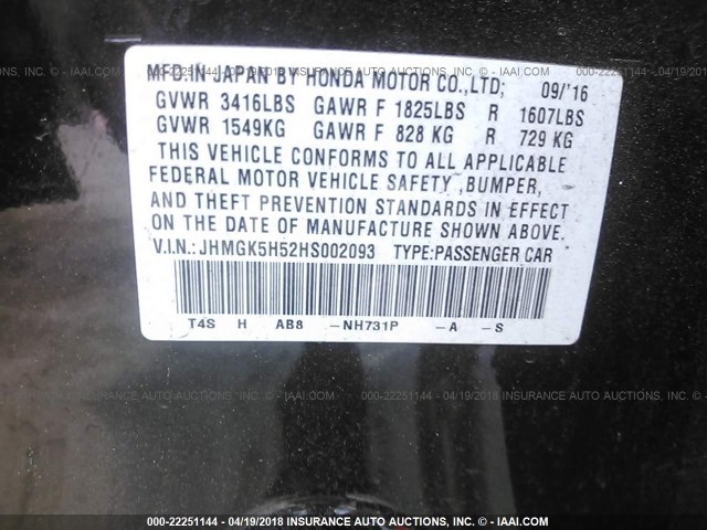 JHMGK5H52HS002093 - 2017 HONDA FIT LX 黑色 照片 9