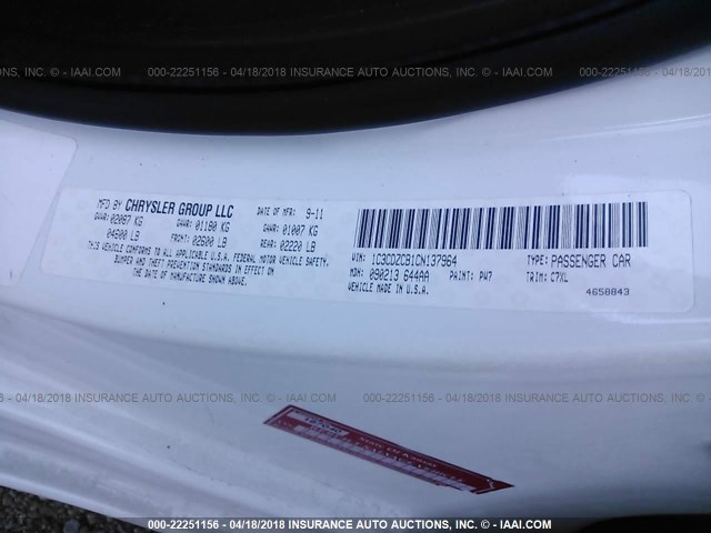 1C3CDZCB1CN137964 - 2012 DODGE AVENGER SXT WHITE photo 9