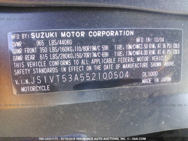 JS1VT53A552100504 - 2005 SUZUKI DL1000 BLUE photo 10