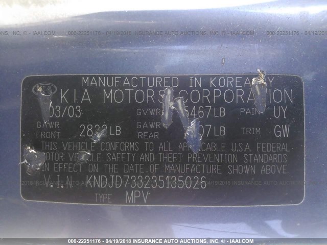 KNDJD733235135026 - 2003 KIA SORENTO EX/LX BLUE photo 9