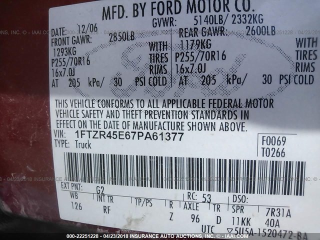 1FTZR45E67PA61377 - 2007 FORD RANGER SUPER CAB RED photo 9