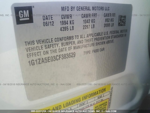 1G1ZA5E03CF383629 - 2012 CHEVROLET MALIBU LS თეთრი ფოტო 9