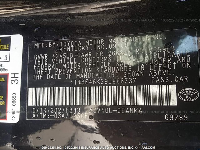 4T1BE46K29U886737 - 2009 TOYOTA CAMRY SE/LE/XLE Қара фото 9