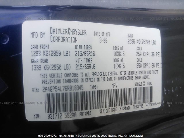 2A4GP54L76R818345 - 2006 CHRYSLER TOWN & COUNTRY TOURING BLUE photo 9