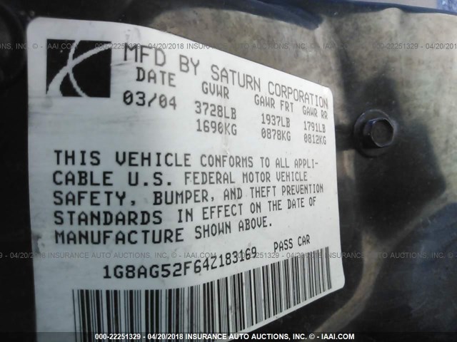 1G8AG52F64Z183169 - 2004 SATURN ION LEVEL 1 MAROON photo 9