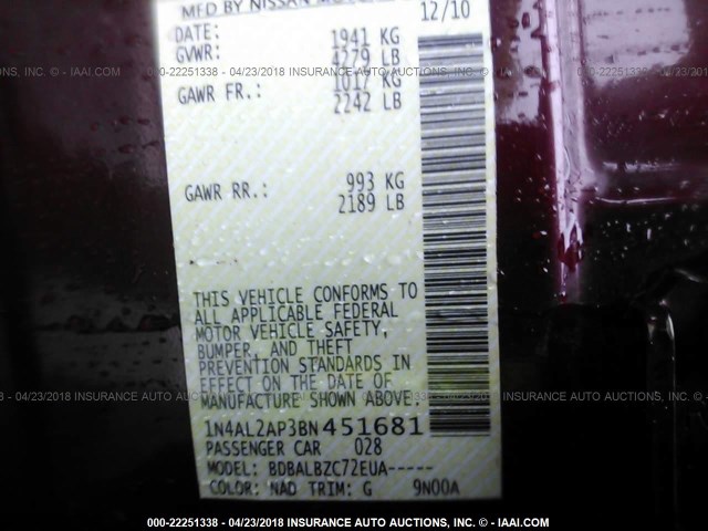 1N4AL2AP3BN451681 - 2011 NISSAN ALTIMA S 栗色 照片 9