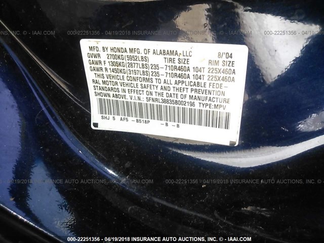 5FNRL38835B002196 - 2005 HONDA ODYSSEY TOURING BLUE photo 9