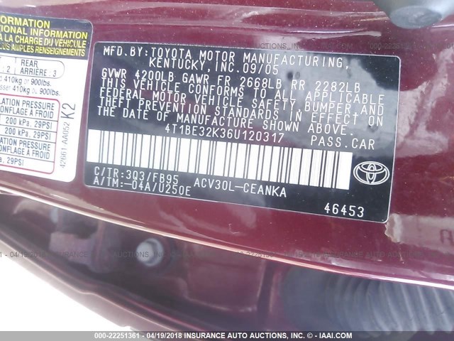 4T1BE32K36U120317 - 2006 TOYOTA CAMRY LE/XLE/SE წითელი ფოტო 9