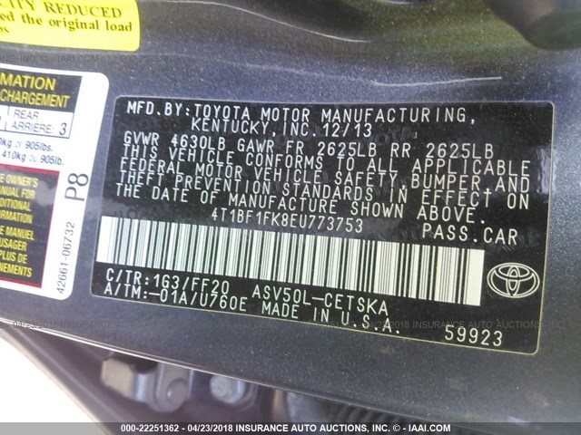 4T1BF1FK8EU773753 - 2014 TOYOTA CAMRY L/SE/LE/XLE GRAY photo 9