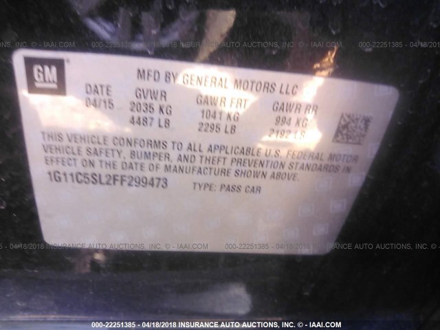 1G11C5SL2FF299473 - 2015 CHEVROLET MALIBU 1LT BLACK photo 9