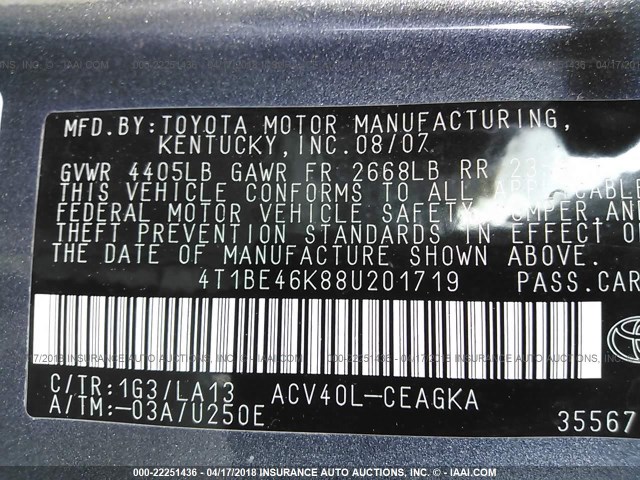 4T1BE46K88U201719 - 2008 TOYOTA CAMRY CE/LE/XLE/SE GRAY photo 9