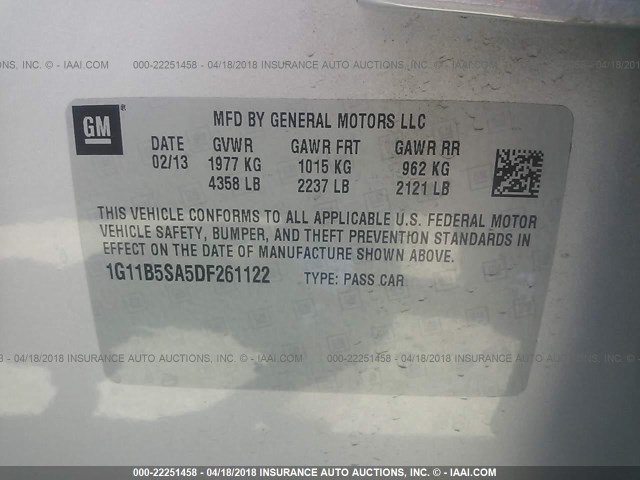 1G11B5SA5DF261122 - 2013 CHEVROLET MALIBU LS 银色 照片 9