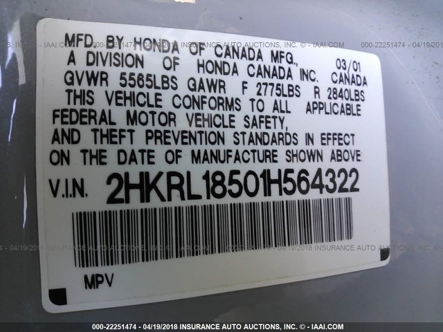 2HKRL18501H564322 - 2001 HONDA ODYSSEY LX SILVER photo 9