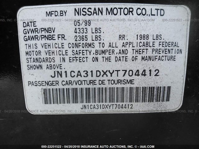 JN1CA31DXYT704412 - 2000 NISSAN MAXIMA GLE/GXE/SE BLACK photo 9