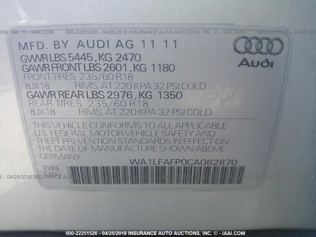 WA1LFAFP0CA062870 - 2012 AUDI Q5 PREMIUM PLUS SILVER photo 9