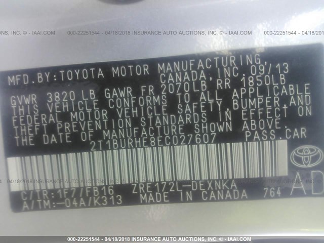 2T1BURHE8EC027607 - 2014 TOYOTA COROLLA L/LE/LE PLS/PRM/S/S PLS SILVER photo 9