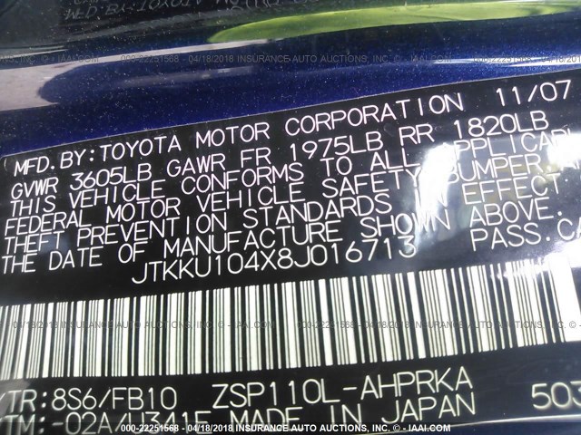 JTKKU104X8J016713 - 2008 TOYOTA SCION XD BLUE photo 9