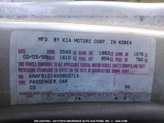 KNAFB1214X5803713 - 1999 KIA SEPHIA LS SILVER photo 9