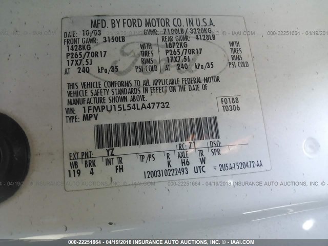 1FMPU15L54LA47732 - 2004 FORD EXPEDITION XLT თეთრი ფოტო 9