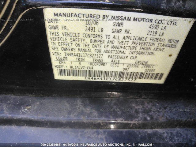 1N4BA41E17C827527 - 2007 NISSAN MAXIMA SE/SL BLACK photo 9