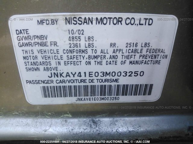 JNKAY41E03M003250 - 2003 INFINITI M45 GOLD photo 9