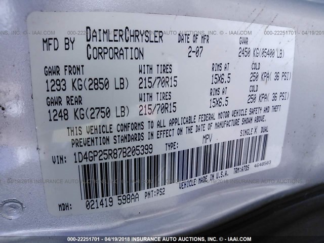 1D4GP25R87B205399 - 2007 DODGE CARAVAN SE SILVER photo 9